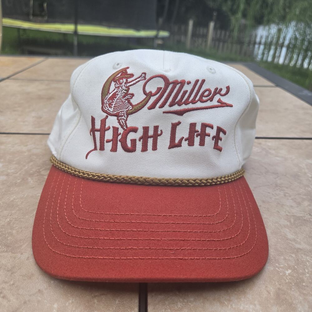 Vintage Miller High Life Hat Red White Girl in Moon Snapback Rope Trucker Cap